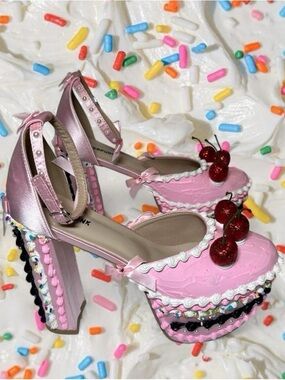Pink Fake Cake Cherry Platform Heels
